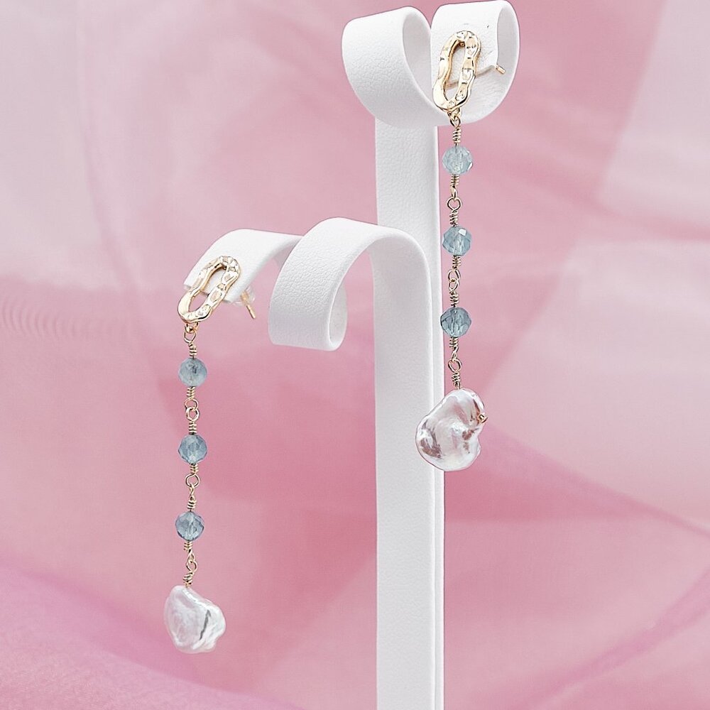 Aquamarine & Keshi Pearl Dangle Earrings, 14K Gold Filled Studs